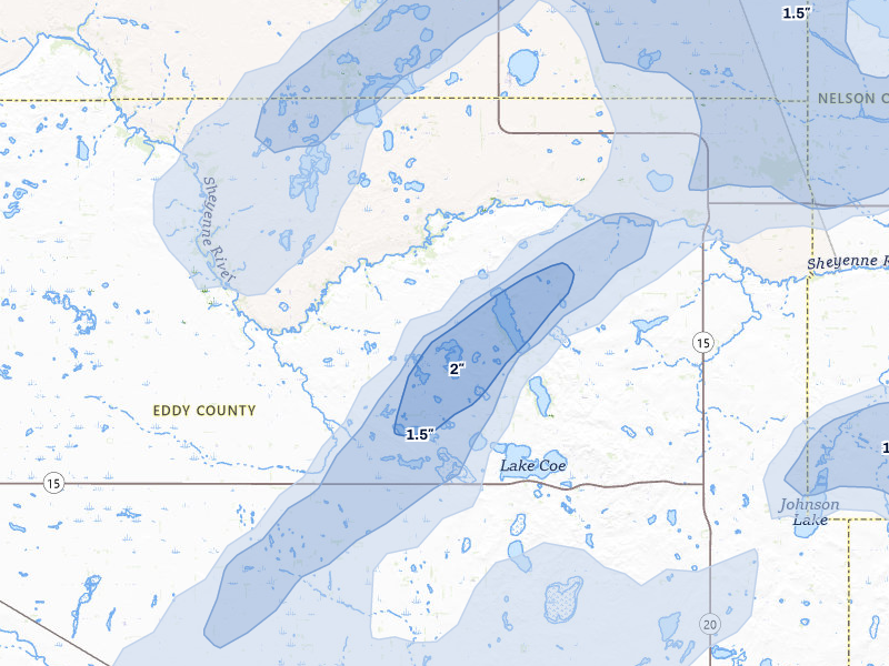 NEXRAD radar-signature map of the hail storm over Warwick, ND on Aug 2, 2026