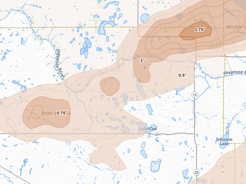 Radar-estimated hail-size map of the storm over Warwick, ND on Aug 24, 2026