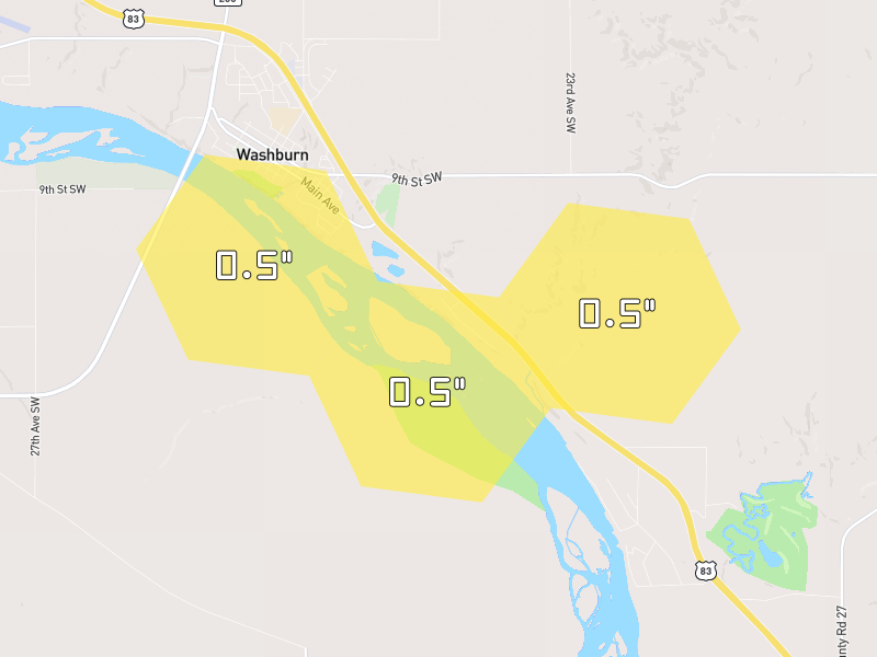 Hail map of Washburn, ND on Jul 6, 2026, hail up to 0.5"