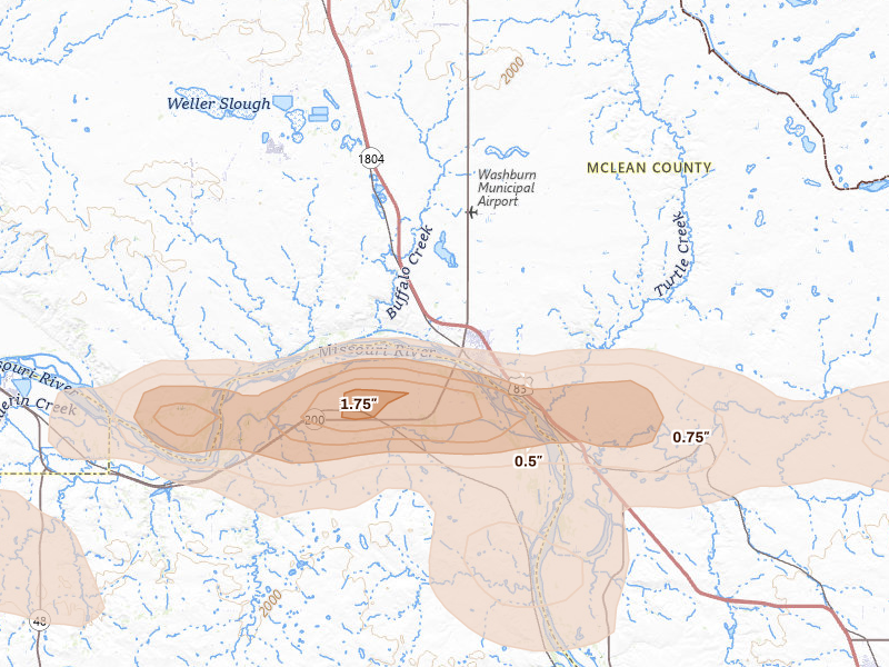 Radar-estimated hail-size map of the storm over Washburn, ND on Jul 24, 2026