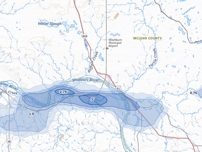 NEXRAD radar-signature map of the hail over Washburn, ND