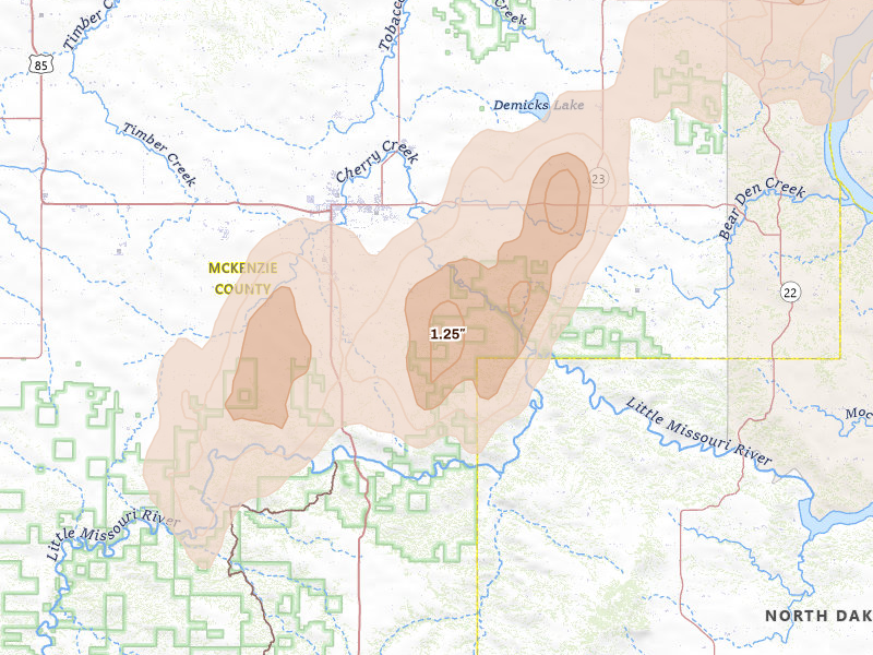 Radar-estimated hail-size map of the storm over Watford City, ND on Jun 6, 2026