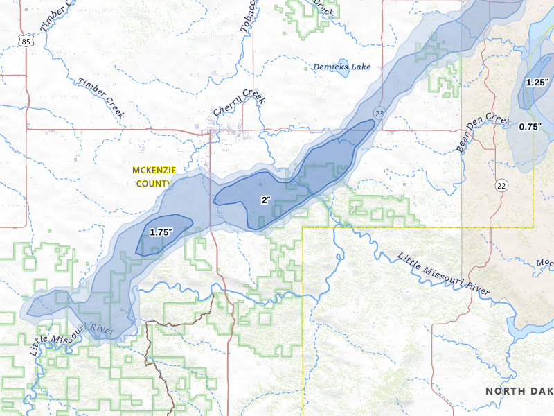 NEXRAD radar-signature map of the hail over Watford City, ND
