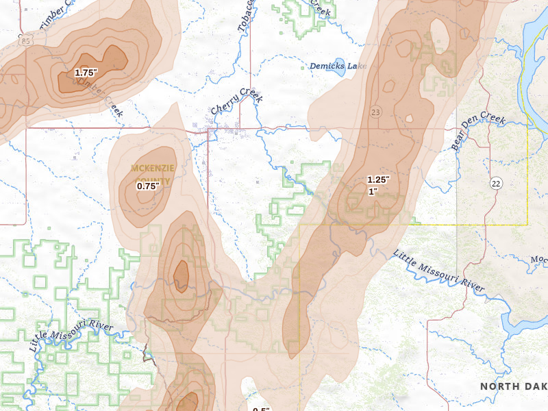 Radar-estimated hail-size map of the storm over Watford City, ND on Jun 7, 2026