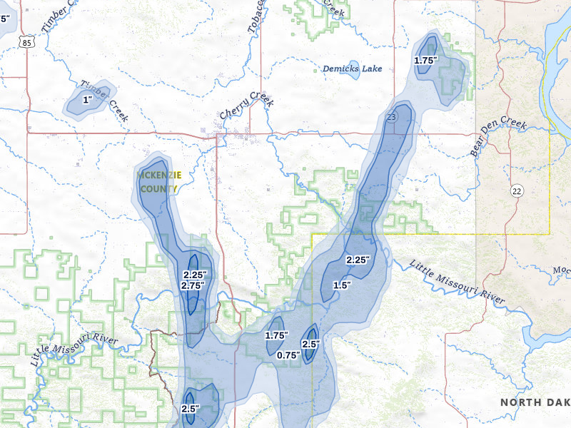 NEXRAD radar-signature map of the hail over Watford City, ND