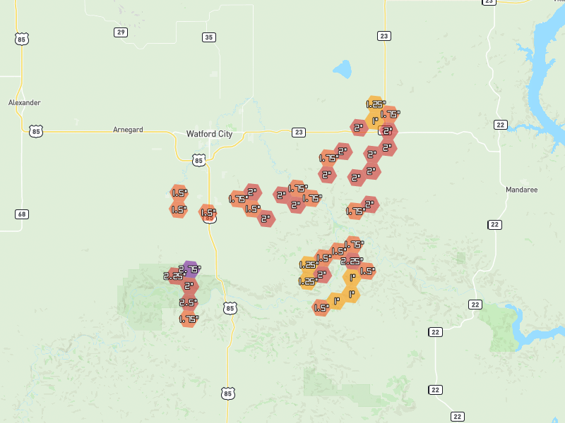 Hail map of Watford City, ND on Jun 7, 2026, hail up to 2.75"