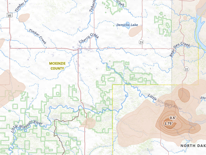 Radar-estimated hail-size map of the storm over Watford City, ND on Jul 5, 2026
