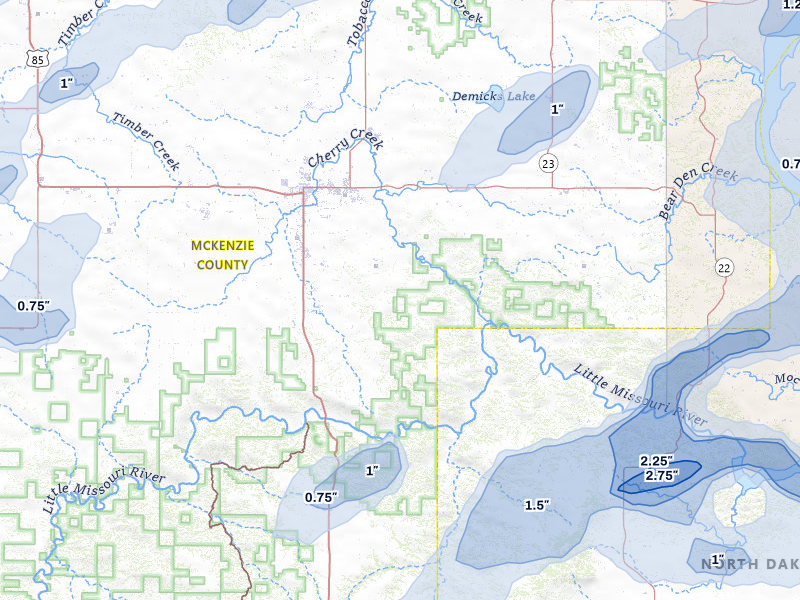 NEXRAD radar-signature map of the hail over Watford City, ND