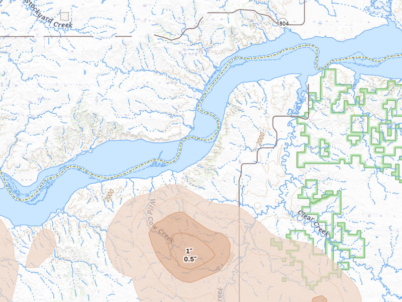 Radar-estimated hail-size map of the storm over Watford City, ND on Aug 29, 2026
