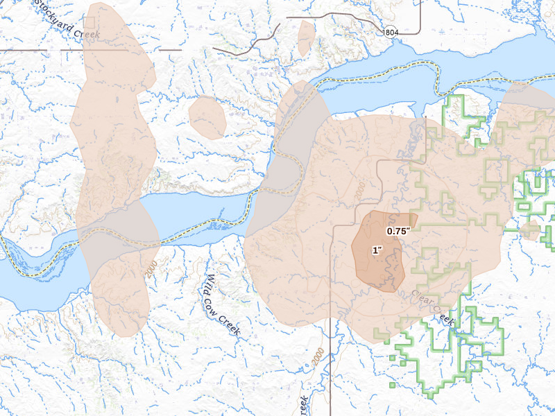 Radar-estimated hail-size map of the storm over Watford City, ND on Sep 2, 2026