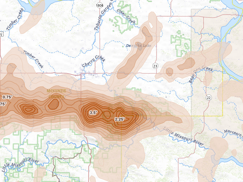 Radar-estimated hail-size map of the storm over Watford City, ND
