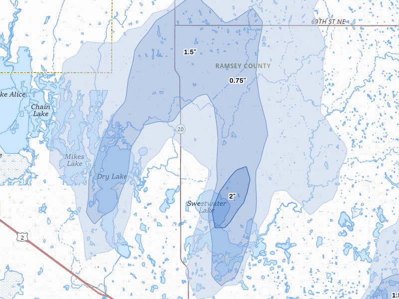 NEXRAD radar-signature map of the hail over Webster, ND