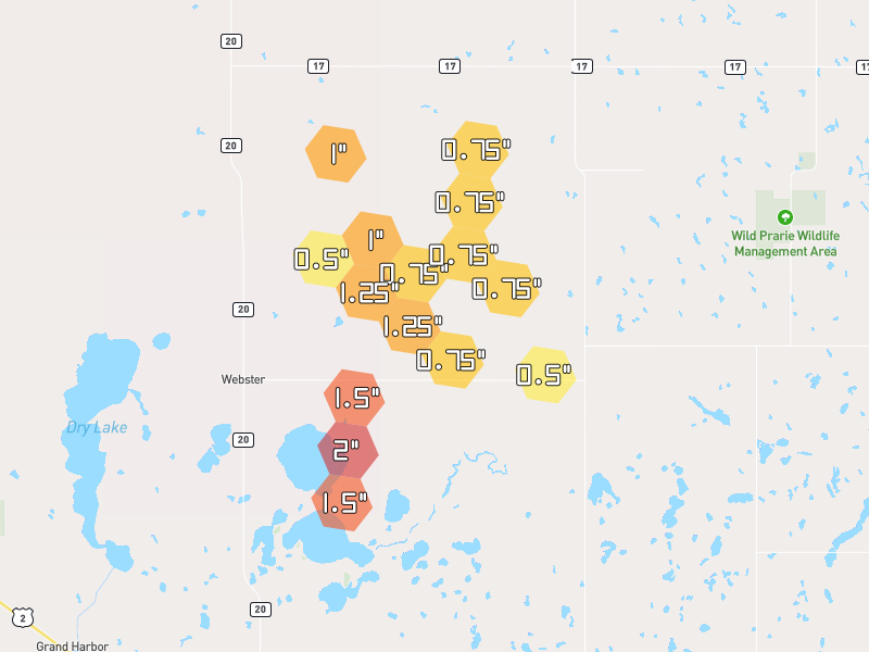 Hail map of Webster, ND on Jun 2, 2026, hail up to 2"