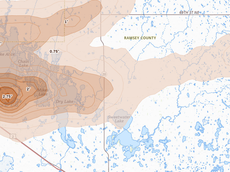 Radar-estimated hail-size map of the storm over Webster, ND on Jun 28, 2026