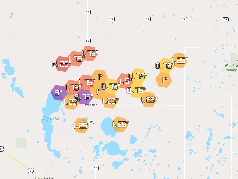Hail map of Webster, ND on Jun 29, 2026, hail up to 3"