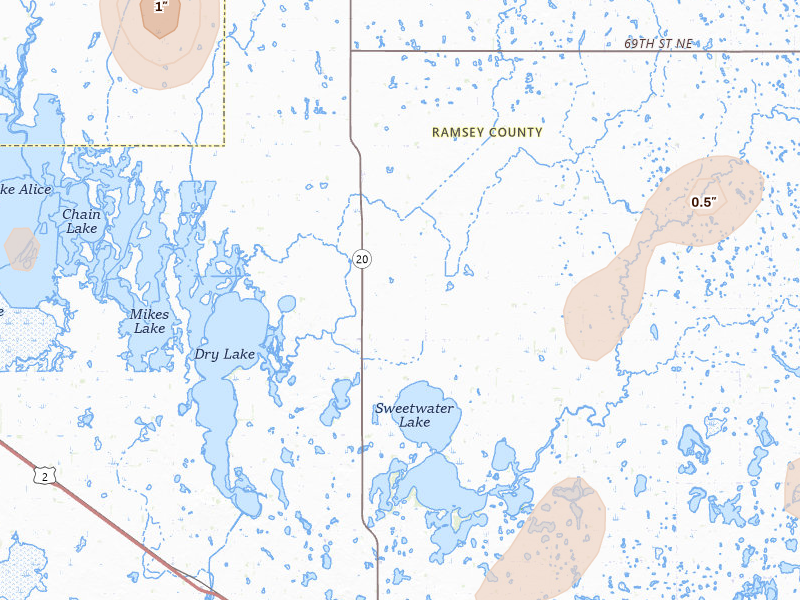 Radar-estimated hail-size map of the storm over Webster, ND on Jul 30, 2026