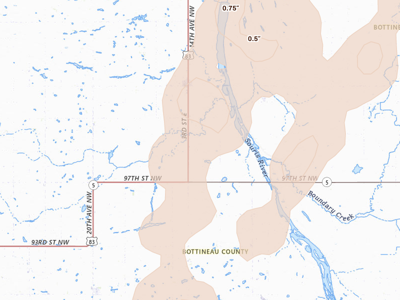 Radar-estimated hail-size map of the storm over Westhope, ND on Jun 6, 2026