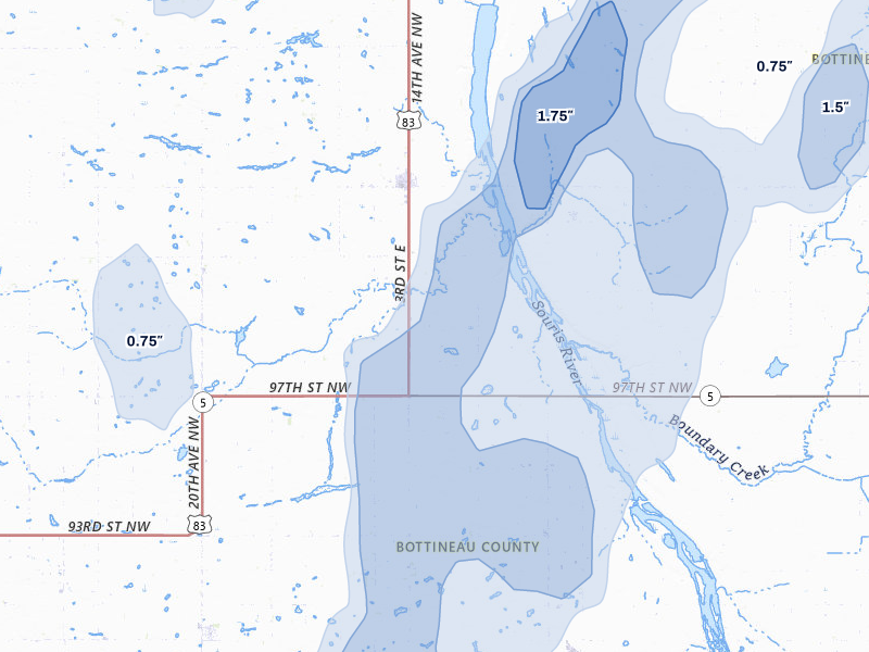 NEXRAD radar-signature map of the hail over Westhope, ND