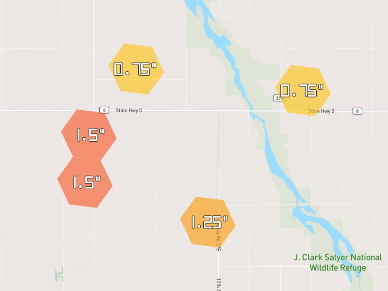 Hail map of Westhope, ND on Jun 7, 2026, hail up to 1.5"