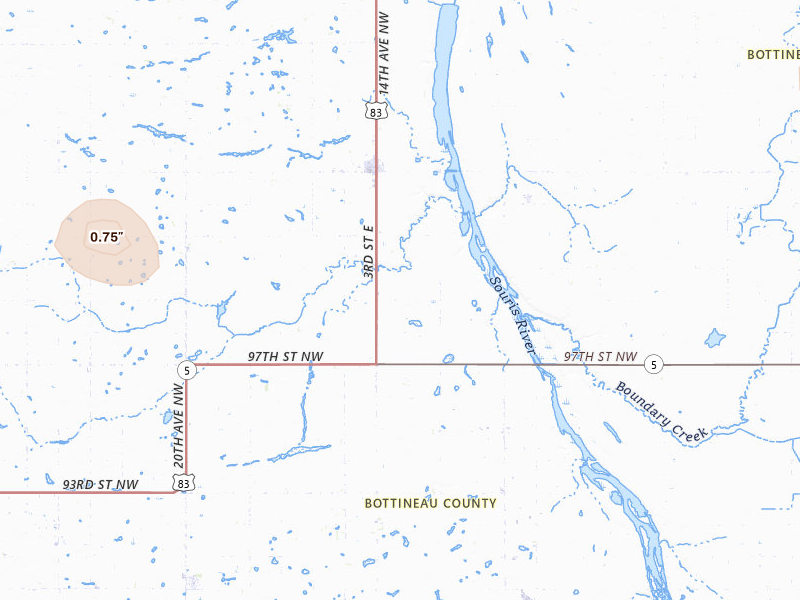 Radar-estimated hail-size map of the storm over Westhope, ND on Jul 5, 2026
