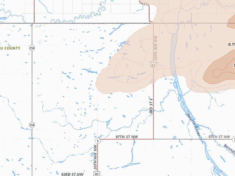 Radar-estimated hail-size map of the storm over Westhope, ND on Sep 5, 2026