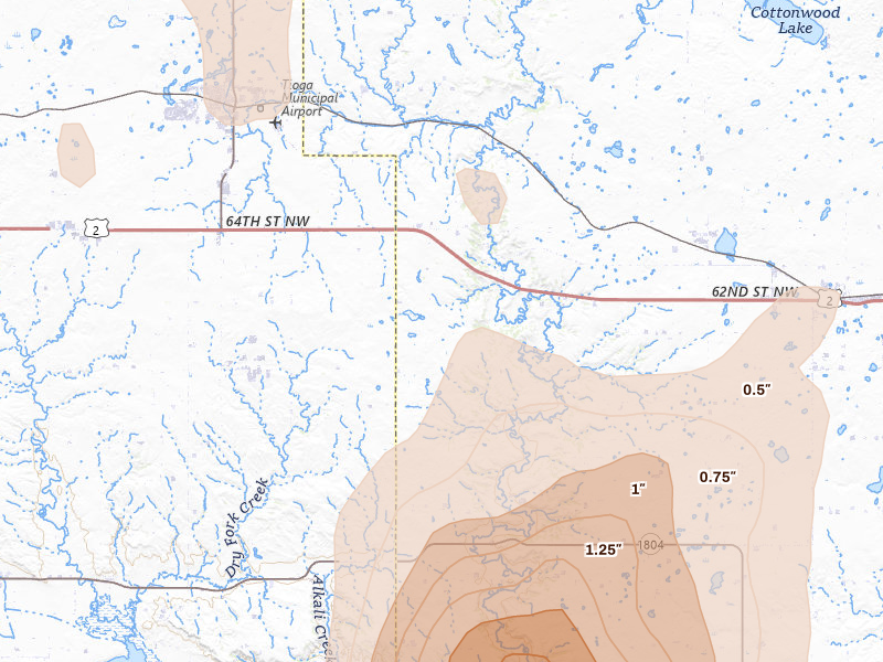 Radar-estimated hail-size map of the storm over White Earth, ND on Jun 7, 2026