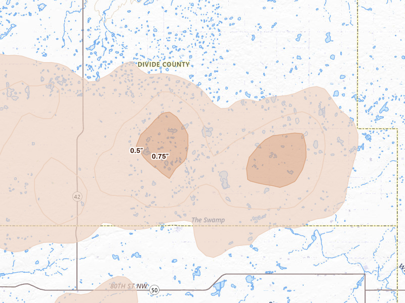 Radar-estimated hail-size map of the storm over Wildrose, ND on Jul 3, 2026