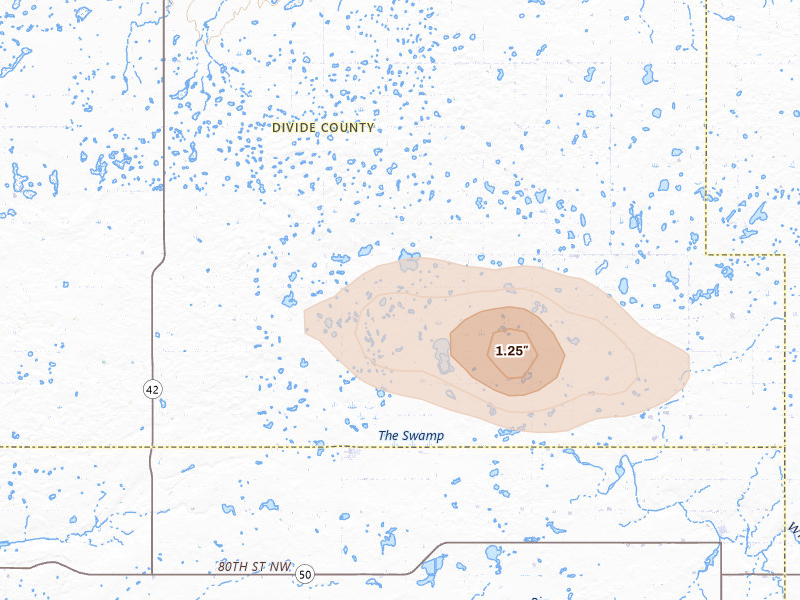 Radar-estimated hail-size map of the storm over Wildrose, ND on Jul 14, 2026