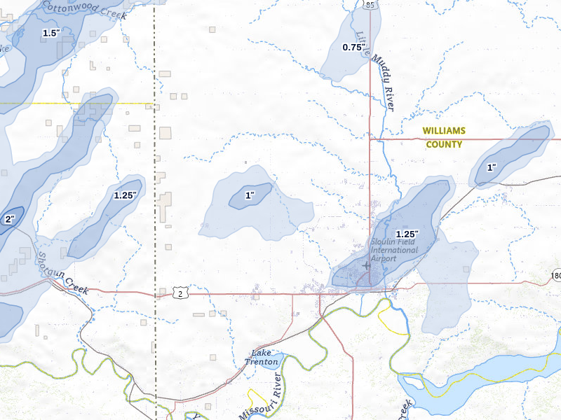 NEXRAD radar-signature map of the hail storm over Williston, ND on Jun 6, 2026