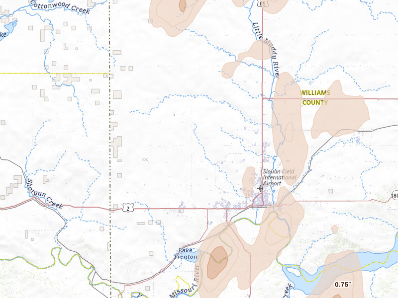 Radar-estimated hail-size map of the storm over Williston, ND on Jun 7, 2026