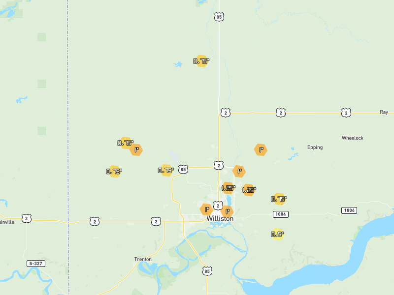 Hail map of Williston, ND on Jun 7, 2026, hail up to 1.25"