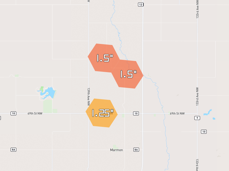 Hail map of Williston, ND on Jun 9, 2026, hail up to 1.5"
