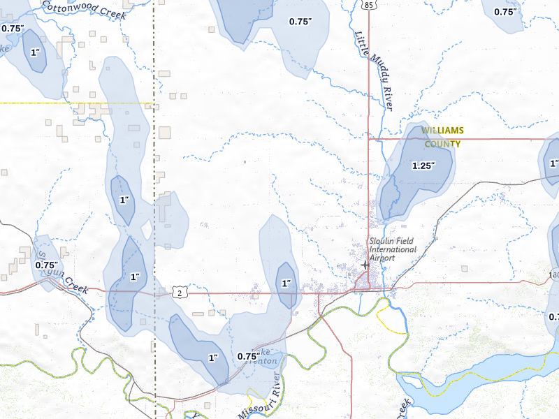 NEXRAD radar-signature map of the hail storm over Williston, ND on Jun 27, 2026