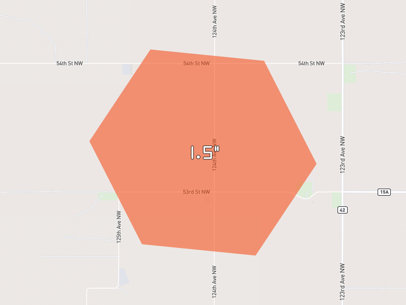 Hail map of Williston, ND on Jun 27, 2026, hail up to 1.5"