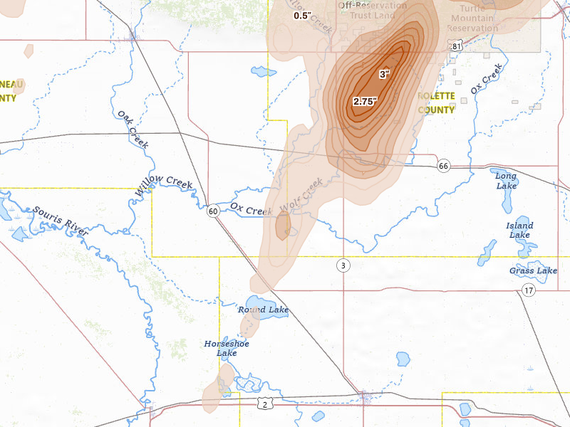 Radar-estimated hail-size map of the storm over Willow City, ND on Jun 2, 2026