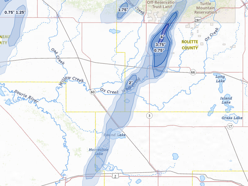 NEXRAD radar-signature map of the hail over Willow City, ND