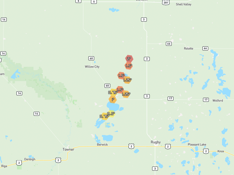 Hail map of Willow City, ND on Jun 2, 2026, hail up to 2"