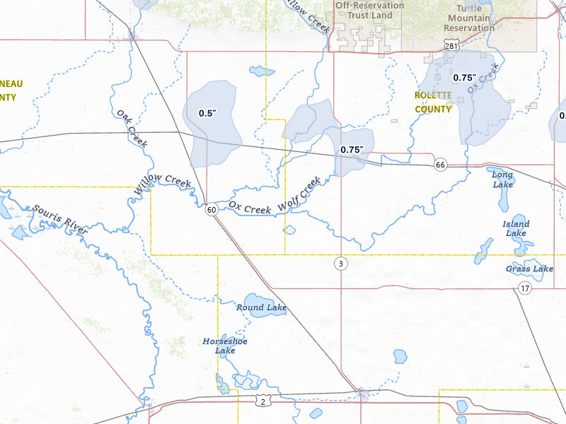NEXRAD radar-signature map of the hail storm over Willow City, ND on Jun 27, 2026