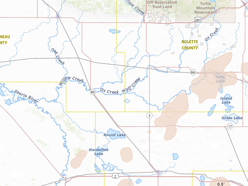 Radar-estimated hail-size map of the storm over Willow City, ND on Jun 28, 2026