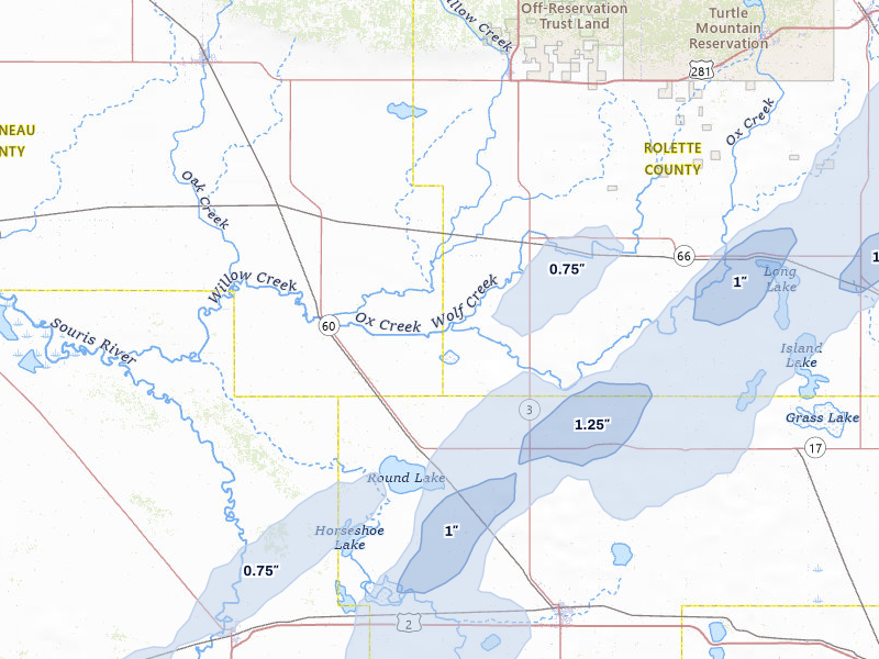 NEXRAD radar-signature map of the hail storm over Willow City, ND on Jun 28, 2026