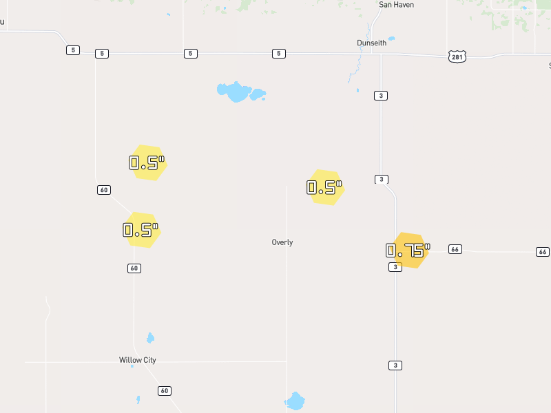 Hail map of Willow City, ND on Jun 28, 2026, hail up to 0.75"