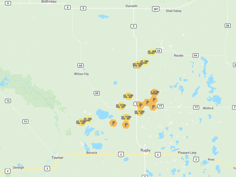 Hail map of Willow City, ND on Jun 29, 2026, hail up to 1.25"