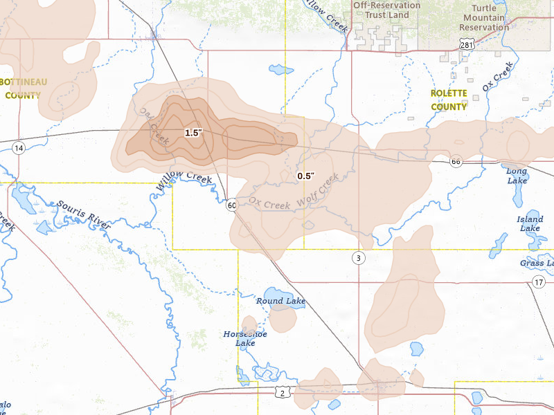 Radar-estimated hail-size map of the storm over Willow City, ND on Sep 5, 2026