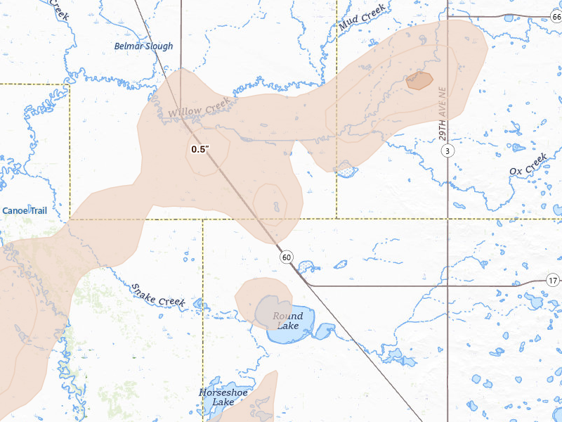 Radar-estimated hail-size map of the storm over Willow City, ND