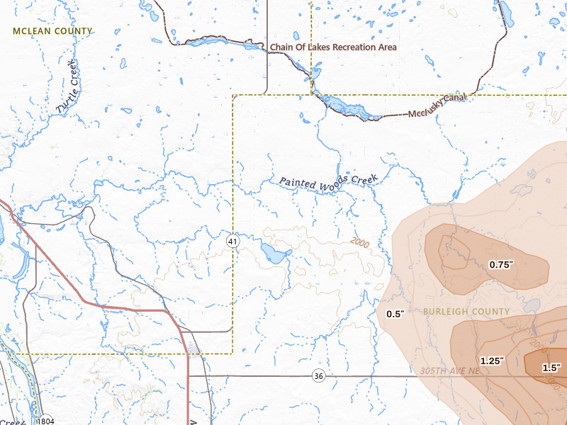 Radar-estimated hail-size map of the storm over Wilton, ND on Jul 9, 2026