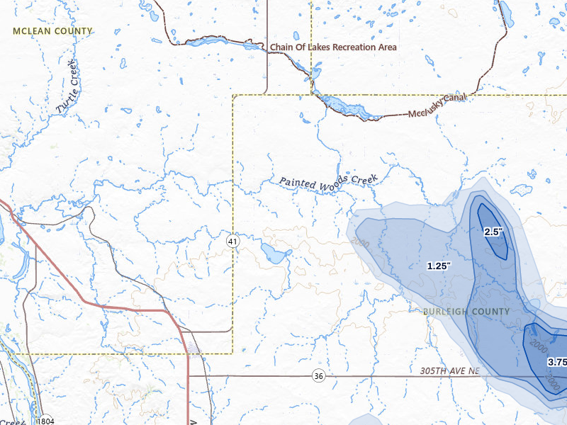 NEXRAD radar-signature map of the hail storm over Wilton, ND on Jul 9, 2026
