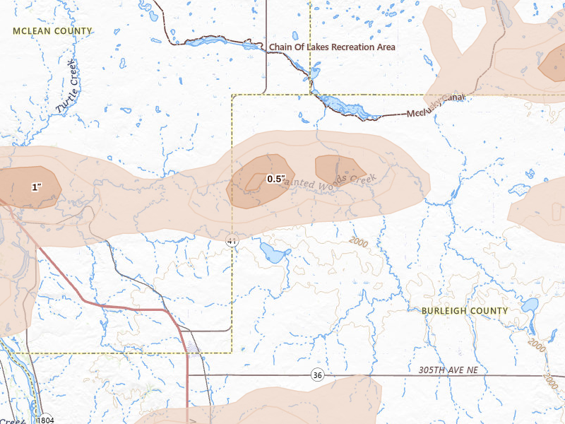 Radar-estimated hail-size map of the storm over Wilton, ND on Jul 24, 2026
