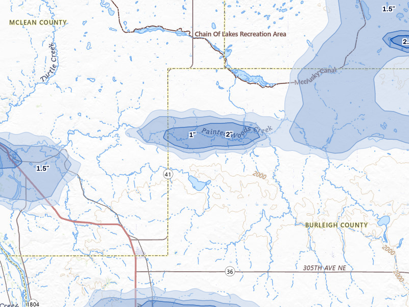 NEXRAD radar-signature map of the hail storm over Wilton, ND on Jul 24, 2026