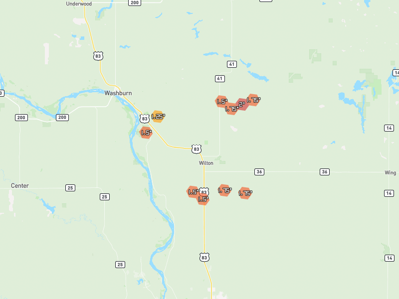 Hail map of Wilton, ND on Jul 24, 2026, hail up to 2"