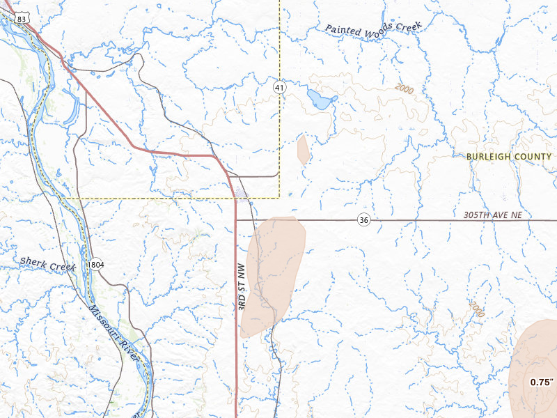 Radar-estimated hail-size map of the storm over Wilton, ND on Aug 29, 2026